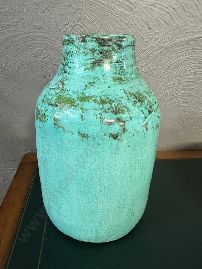 Mint Green & Distressed Rustic Glazed Ceramic Bottle H29cm. Image 1++