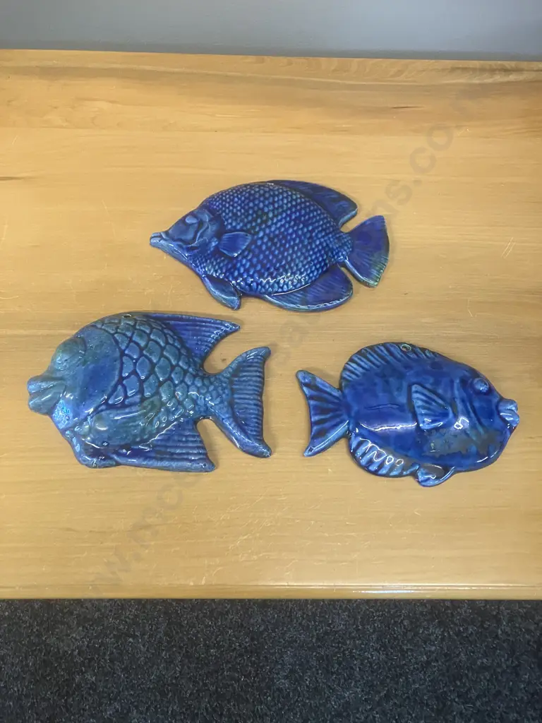 Three Blue Ceramic Fish Wall Plaques Image 1++