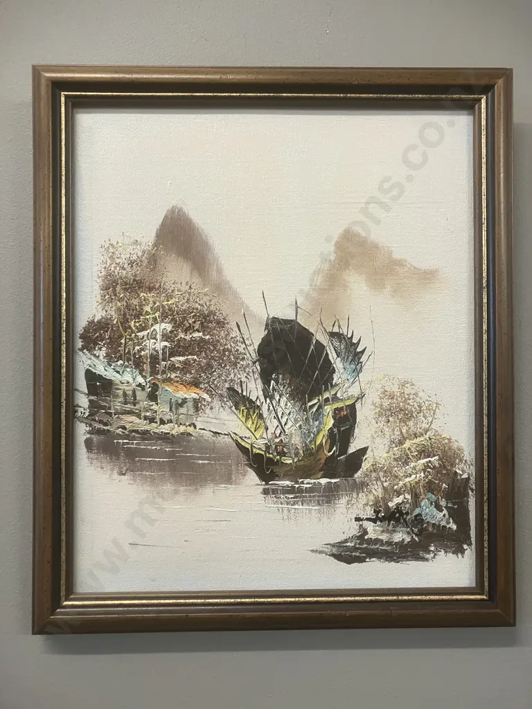 Chinese Junk Boat Oil Painting On Canvas, Signed Original. 31 x 26.5cm Image 1++
