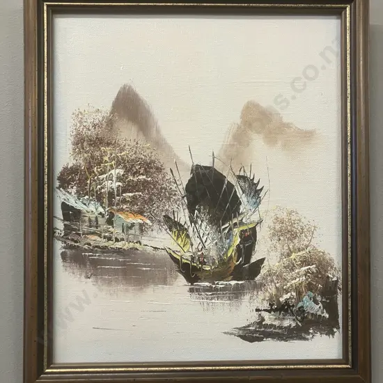 Chinese Junk Boat Oil Painting On Canvas, Signed Original. 31 x 26.5cm