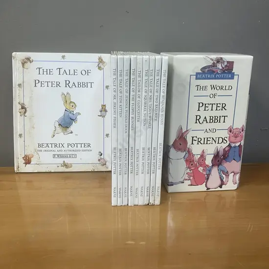 Beatrix Potter The Peter Rabbit Library Hardcover Book Set of 10 (1996) & Peter Rabbit & Friends Box Set VHS 1992