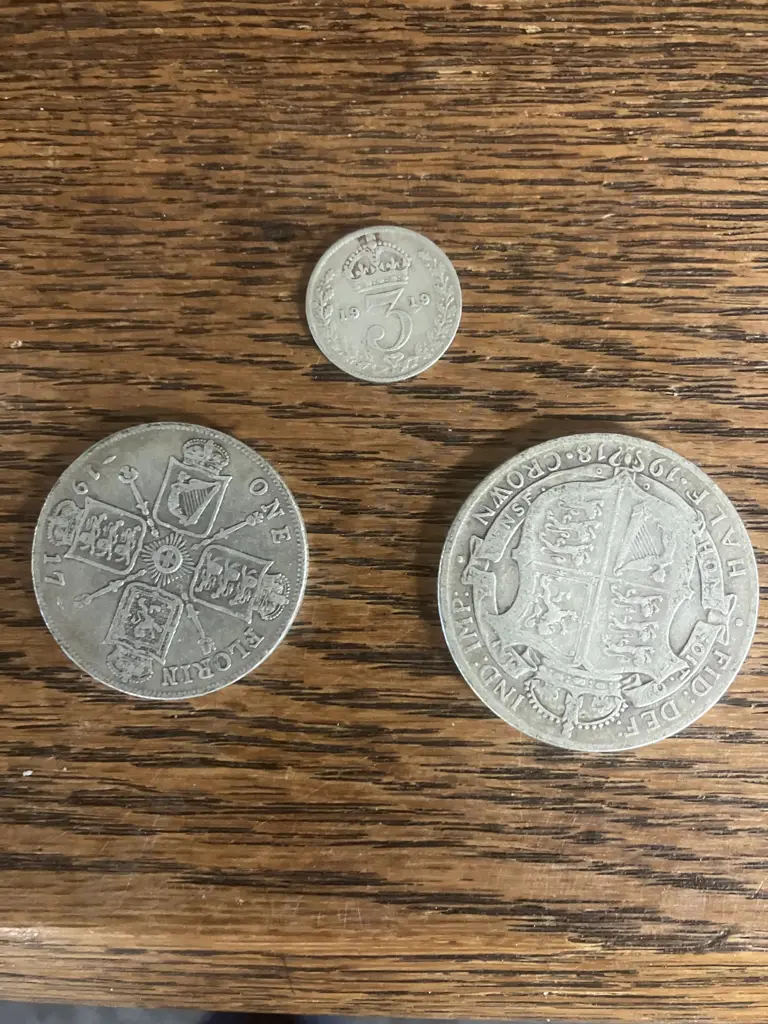 British Silver Coins - 1918 Half-Shilling, 1917 One Florin, 1919 Three Pence Image 1++