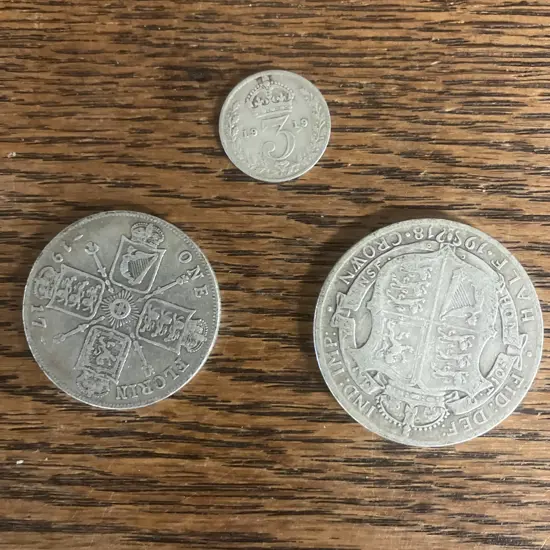 British Silver Coins - 1918 Half-Shilling, 1917 One Florin, 1919 Three Pence