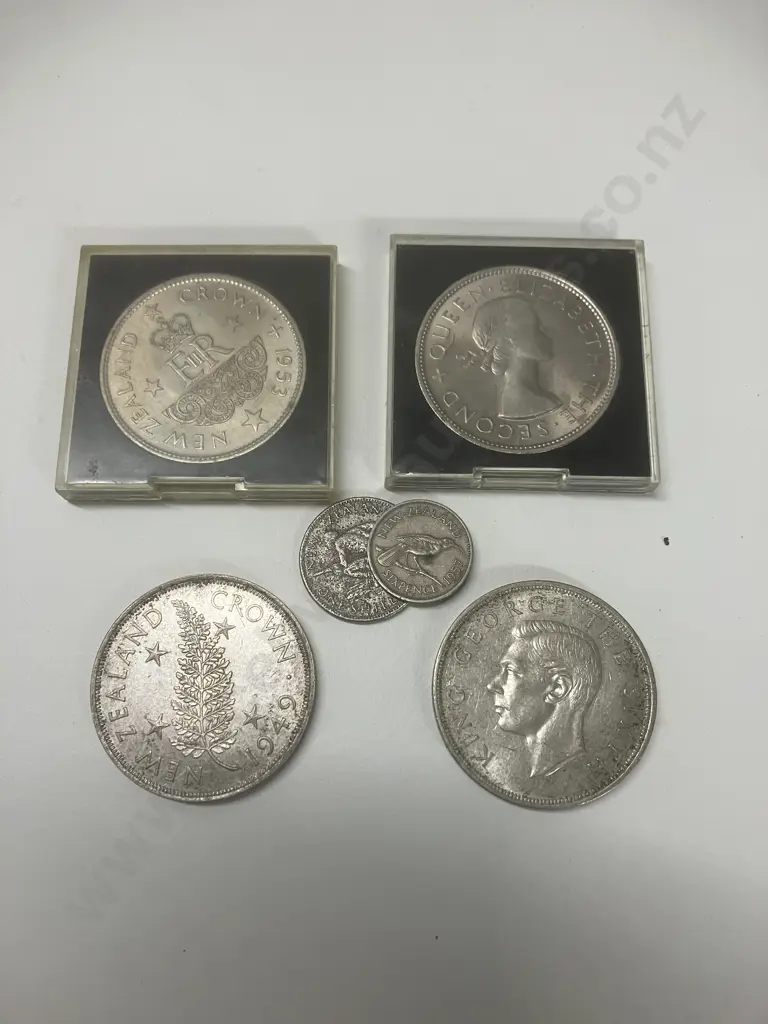 Pair of NZ 1949 Crown Coins, Pair of 1953 Crown Coins, Sixpence & Shilling Image 1++