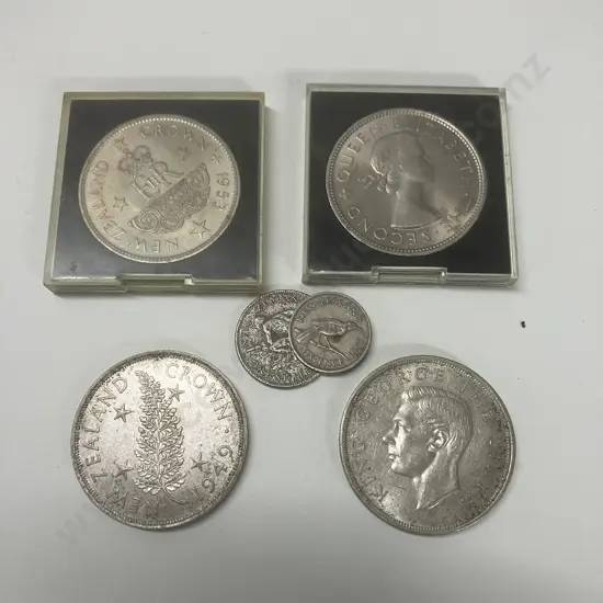 Pair of NZ 1949 Crown Coins, Pair of 1953 Crown Coins, Sixpence & Shilling