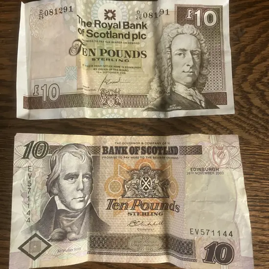 2003 Bank of Scotland Distillery and Brewing £10 Pound Banknote & 2006 Royal Bank of Scotland £10 Pound Banknote