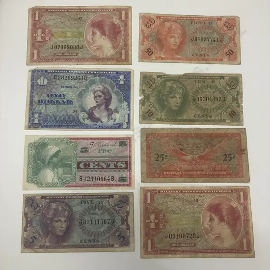 Lot of 8 Vintage Military Payment Certificates - Varied Series