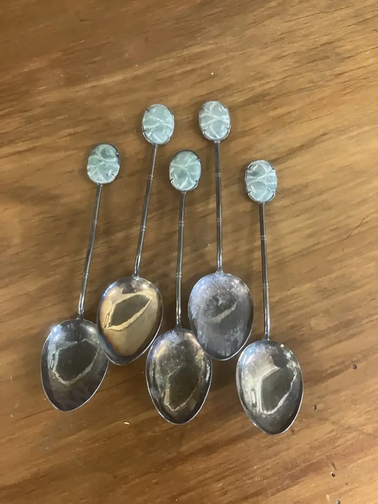 Set of Five Sterling Silver Spoons With Carved Jade Finials Made In Hong Kong Image 1++
