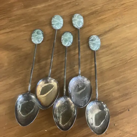 Set of Five Sterling Silver Spoons With Carved Jade Finials Made In Hong Kong