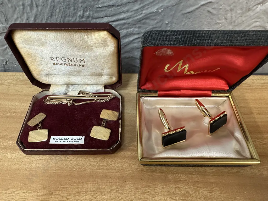 Vintage Regnum Rolled Gold Cufflinks & Tie Pin In Original Box With Mascul Cufflinks Image 1++