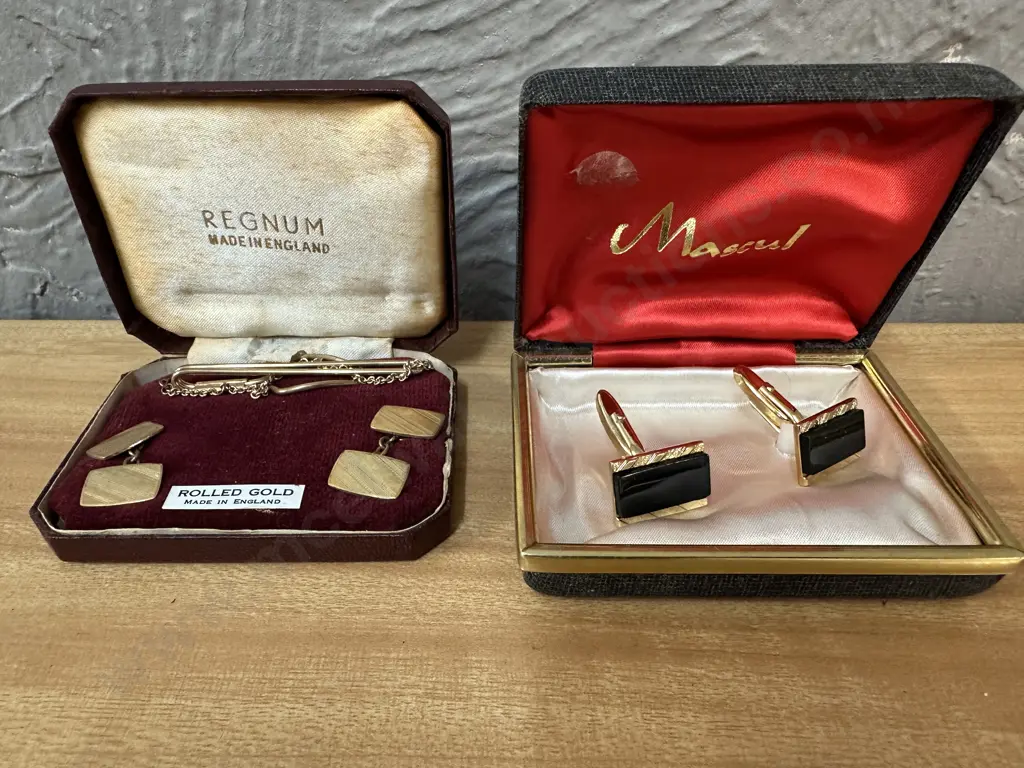 Vintage Regnum Rolled Gold Cufflinks & Tie Pin In Original Box With Mascul Cufflinks Image 1++