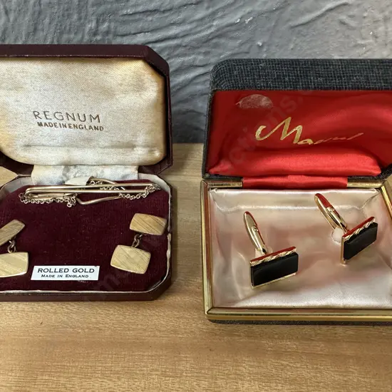 Vintage Regnum Rolled Gold Cufflinks & Tie Pin In Original Box With Mascul Cufflinks