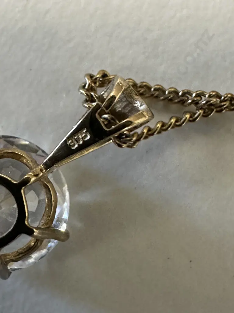 Stamped 375 Pendant On Chain With Pair Of Clear Stone Earrings (one back missing) Image 1++
