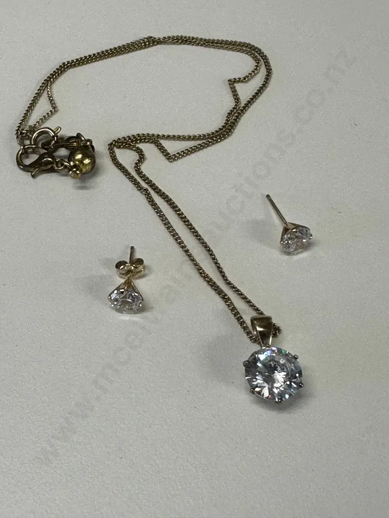 Stamped 375 Pendant On Chain With Pair Of Clear Stone Earrings (one back missing) Image 1++