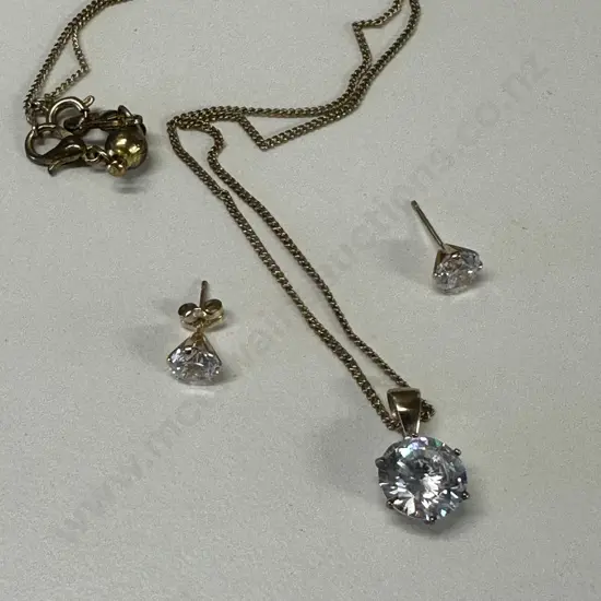 Stamped 375 Pendant On Chain With Pair Of Clear Stone Earrings (one back missing)