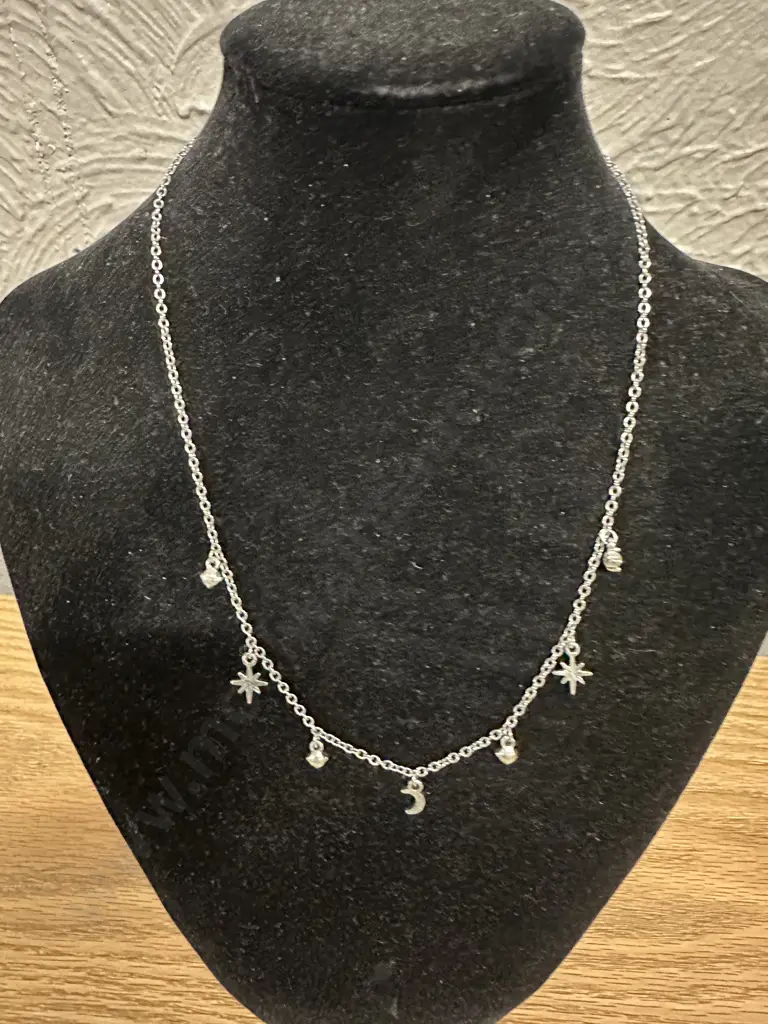 Silver Coloured Chain Necklace With Zirconia ? Charms Image 1++
