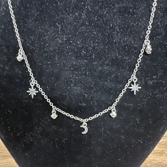 Silver Coloured Chain Necklace With Zirconia ? Charms