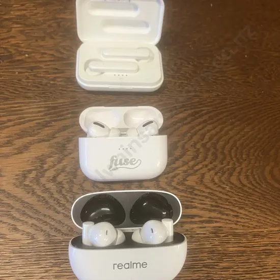 Three Pair of Earbuds With Charging Cases - realme, Fuse & digitech