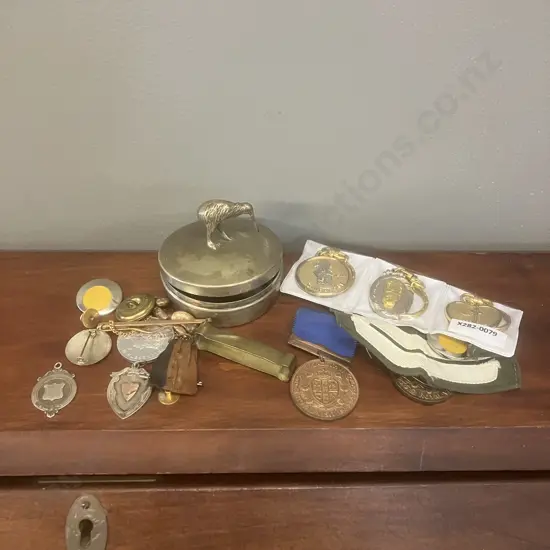 Hallmarked Medals, Commemorative medallions, Stamped EPNS Kiwi Trinket Box Etc