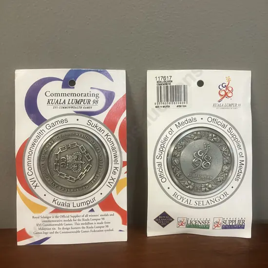Pair of Kuala Lumpur 98 Commonwealth Games 1998 Malaysian Tin Pewter Commemorative Medallions (New)