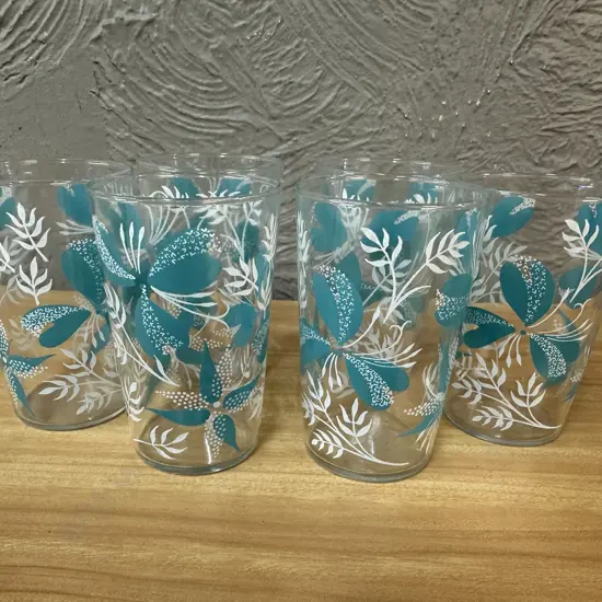 Vintage Mid Century Modern Drinking Glasses Turquoise & White Floral Leaf Pattern