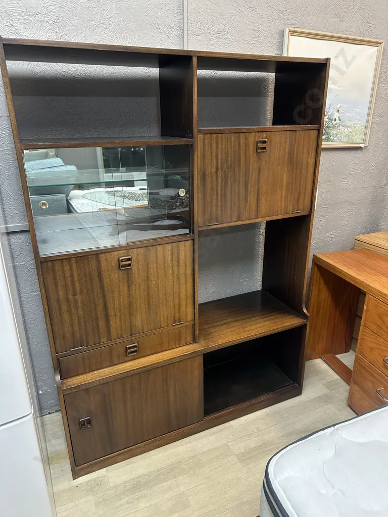 Mahogany Mid Century Style Wall Unit/Display Cabinet With Drinks Cabinet & Sliding Drawers H165 W122 D40cm. Image 1++