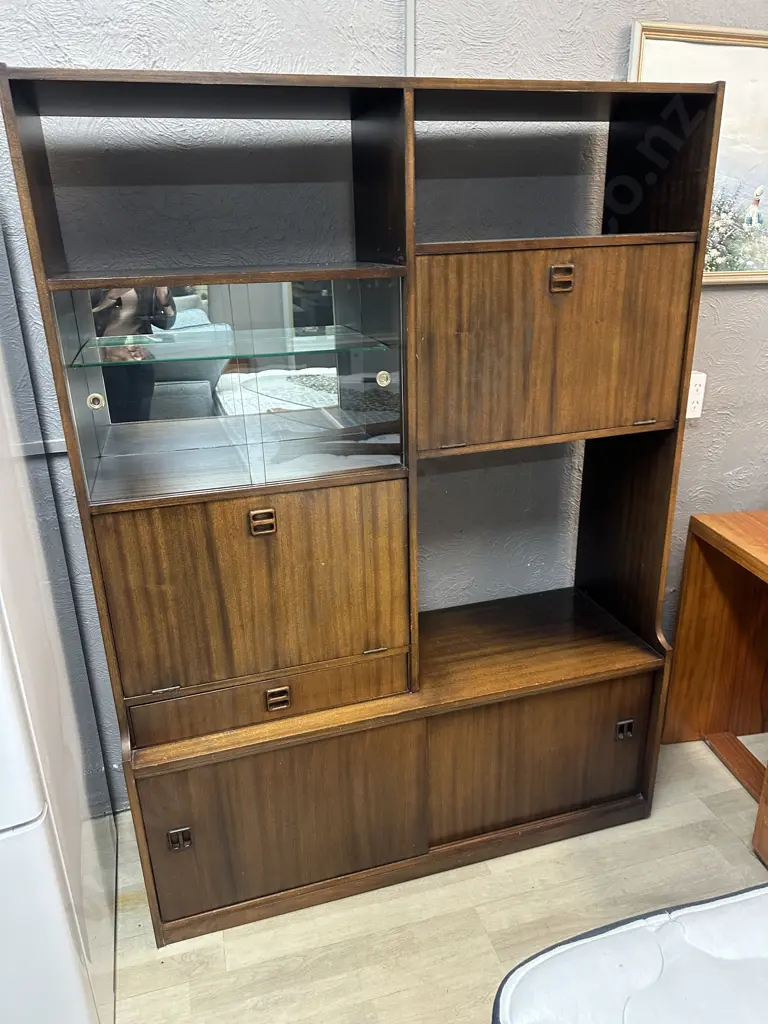 Mahogany Mid Century Style Wall Unit/Display Cabinet With Drinks Cabinet & Sliding Drawers H165 W122 D40cm. Image 1++