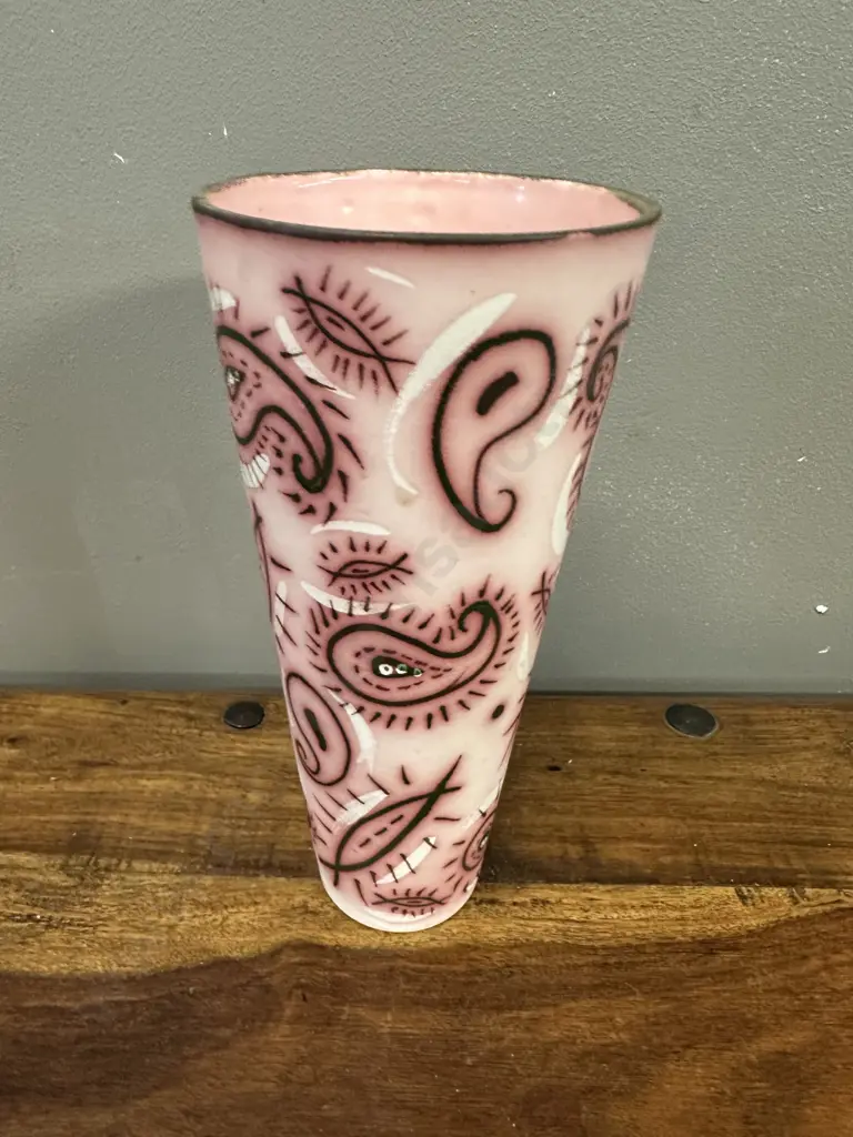 Signed Folklore Jarvos Glass Vase Pink Paisley Style Pattern H26cm. Image 1++