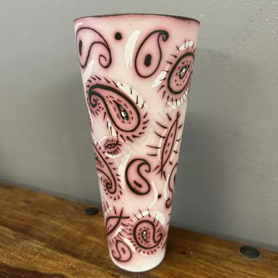 Signed Folklore Jarvos Glass Vase Pink Paisley Style Pattern H26cm.