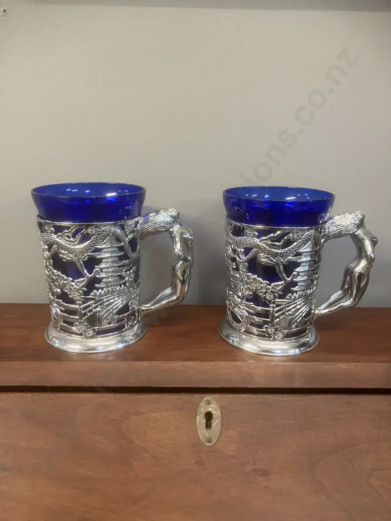Pair of Vintage Cobalt Blue Glass Tankards Image 1++