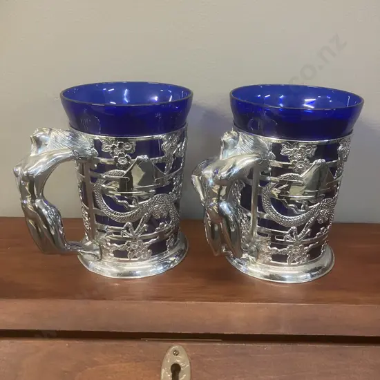 Pair of Vintage Cobalt Blue Glass Tankards