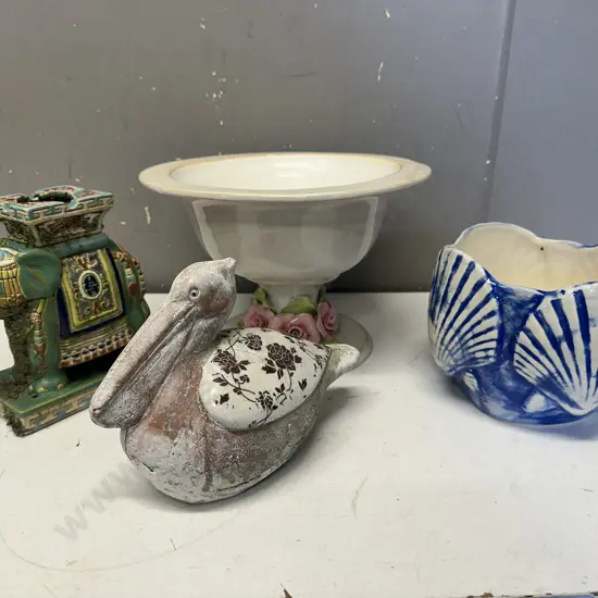 Asian Style Elephant Ashtray, Duck, Pedestal Studio B Floral Vase Etc