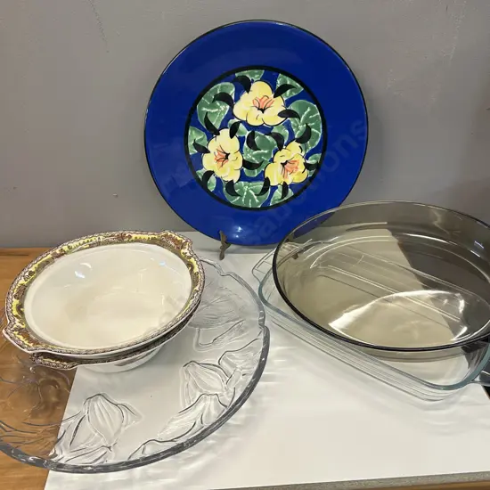 Signed Pottery Platter, Glass Platter, Devon Vegetable Dishes Etc