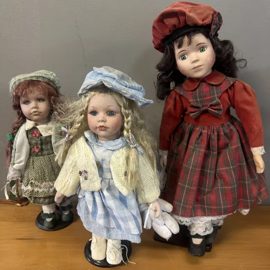 Vintage Porcelain Dolls On Stands x3