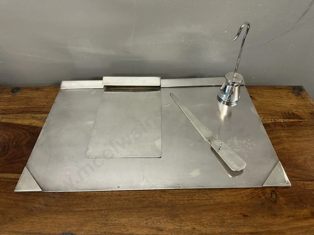 Vintage Stainless Steel Desk Set Including Pad Holders, Paper Weight/Docket Stand & Letter Opener Image 1++