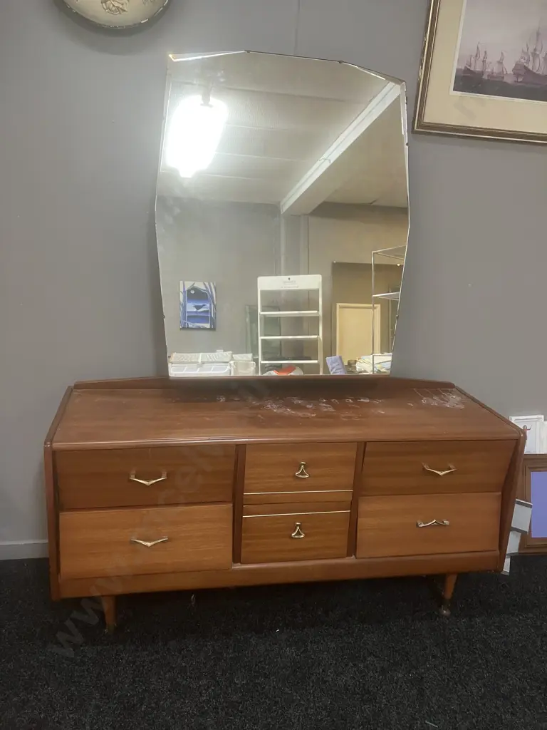 MCM Mirrored 6 Drawer Dresser, Bevelled Mirror, Original Handles, Tapered Legs. H161 W130 D42cm Image 1++