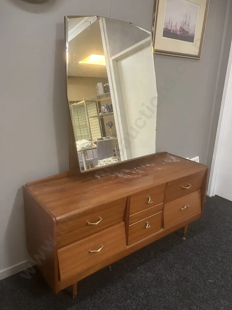 MCM Mirrored 6 Drawer Dresser, Bevelled Mirror, Original Handles, Tapered Legs. H161 W130 D42cm Image 1++