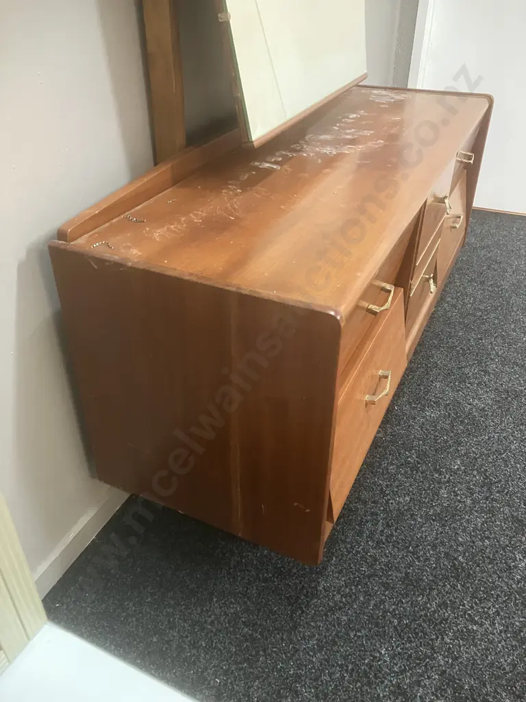 MCM Mirrored 6 Drawer Dresser, Bevelled Mirror, Original Handles, Tapered Legs. H161 W130 D42cm Image 1++