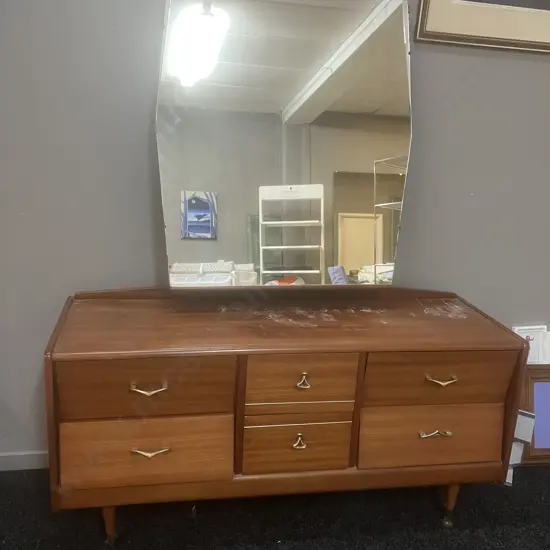 MCM Mirrored 6 Drawer Dresser, Bevelled Mirror, Original Handles, Tapered Legs. H161 W130 D42cm
