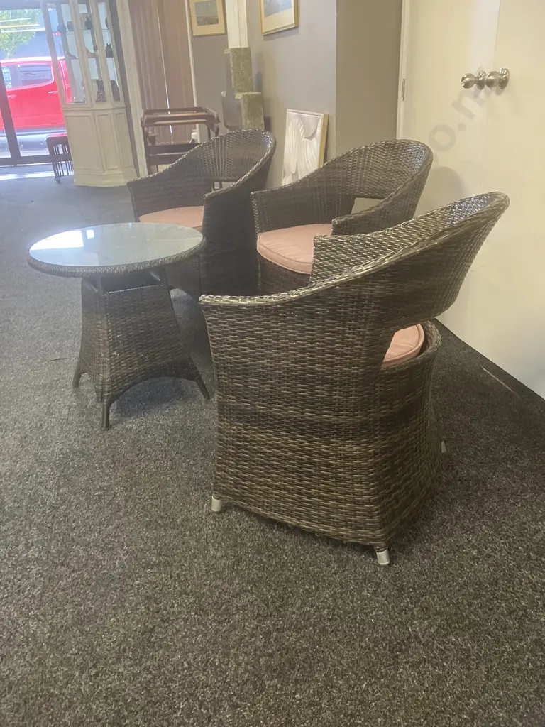 Set of Three Woven PU Rattan Tub Chairs With Squabs (Ocassional Table As Found) Image 1++