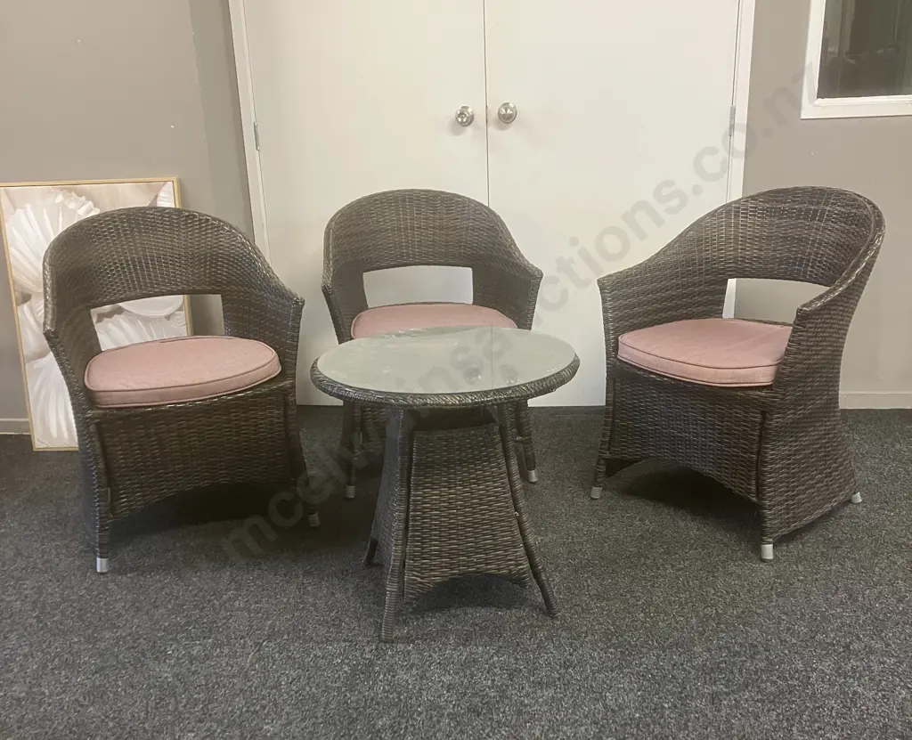 Set of Three Woven PU Rattan Tub Chairs With Squabs (Ocassional Table As Found) Image 1++