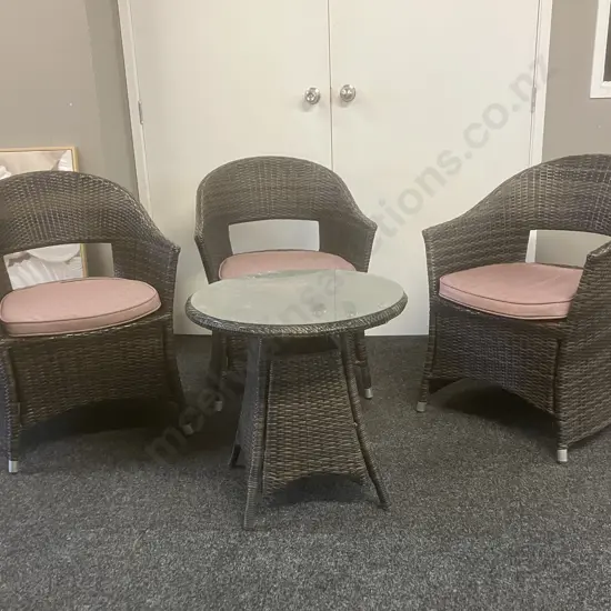 Set of Three Woven PU Rattan Tub Chairs With Squabs (Ocassional Table As Found)