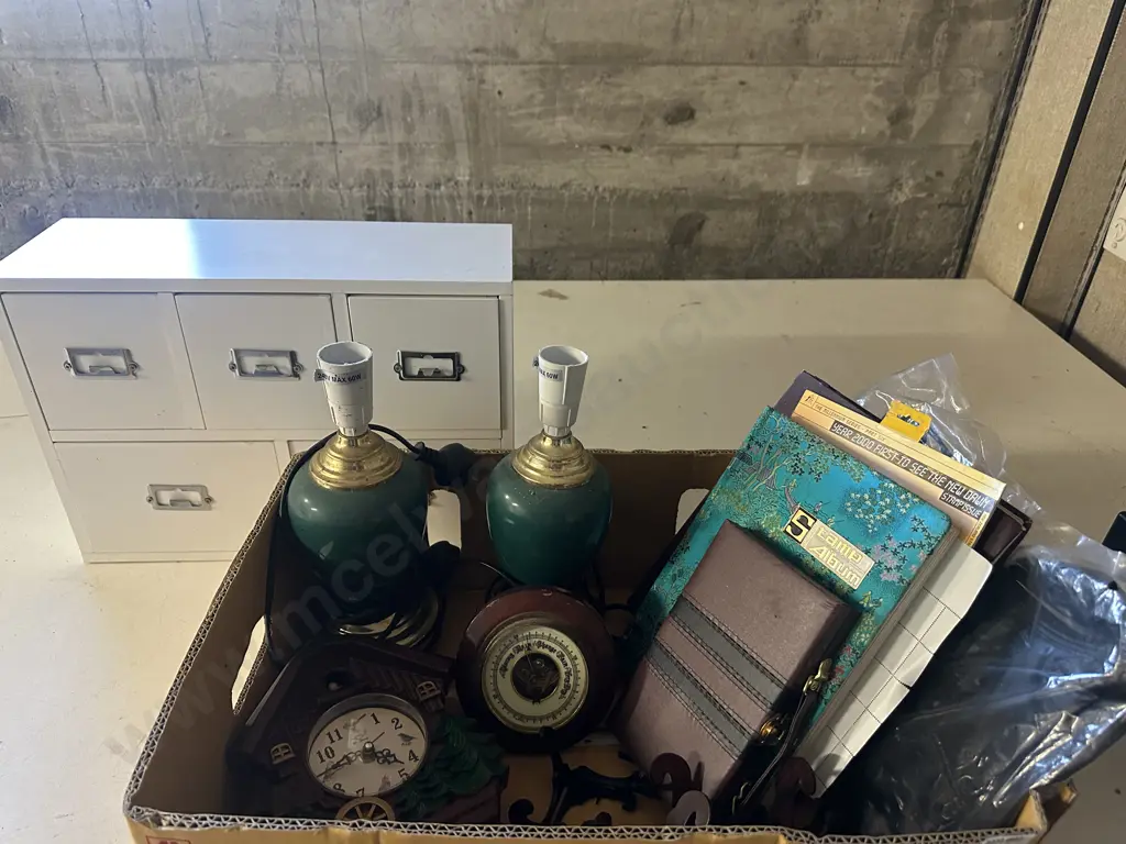 Box Of Vintage Items Including Barometer, Handbag Etc Image 1++