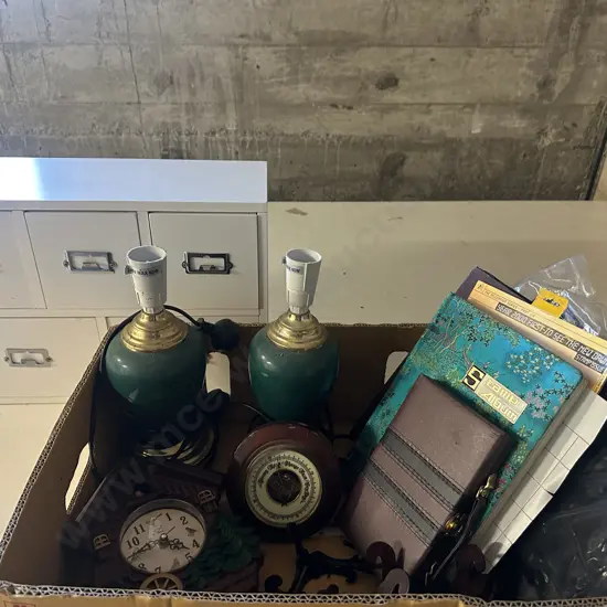 Box Of Vintage Items Including Barometer, Handbag Etc