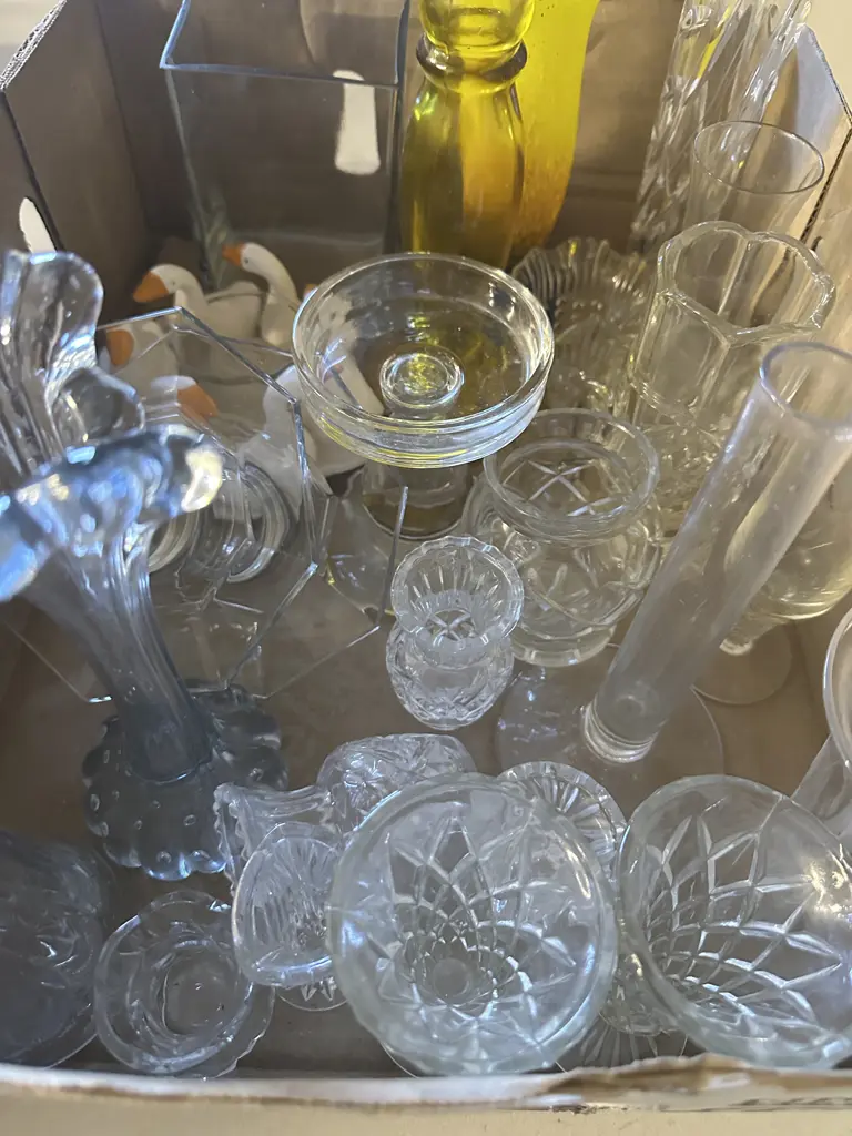 Box lot Of Vases, Candle Holders Etc Including Crystal Image 1++