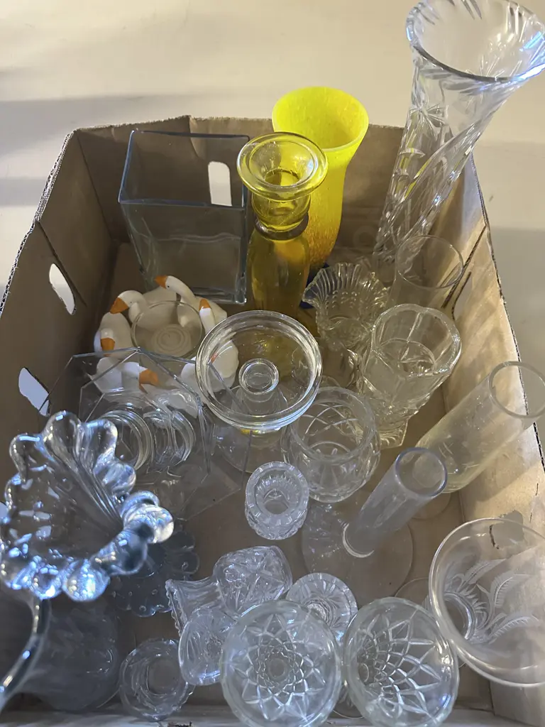 Box lot Of Vases, Candle Holders Etc Including Crystal Image 1++