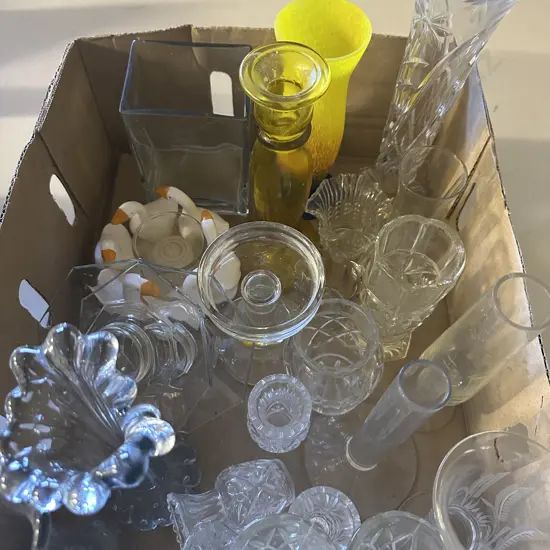 Box lot Of Vases, Candle Holders Etc Including Crystal