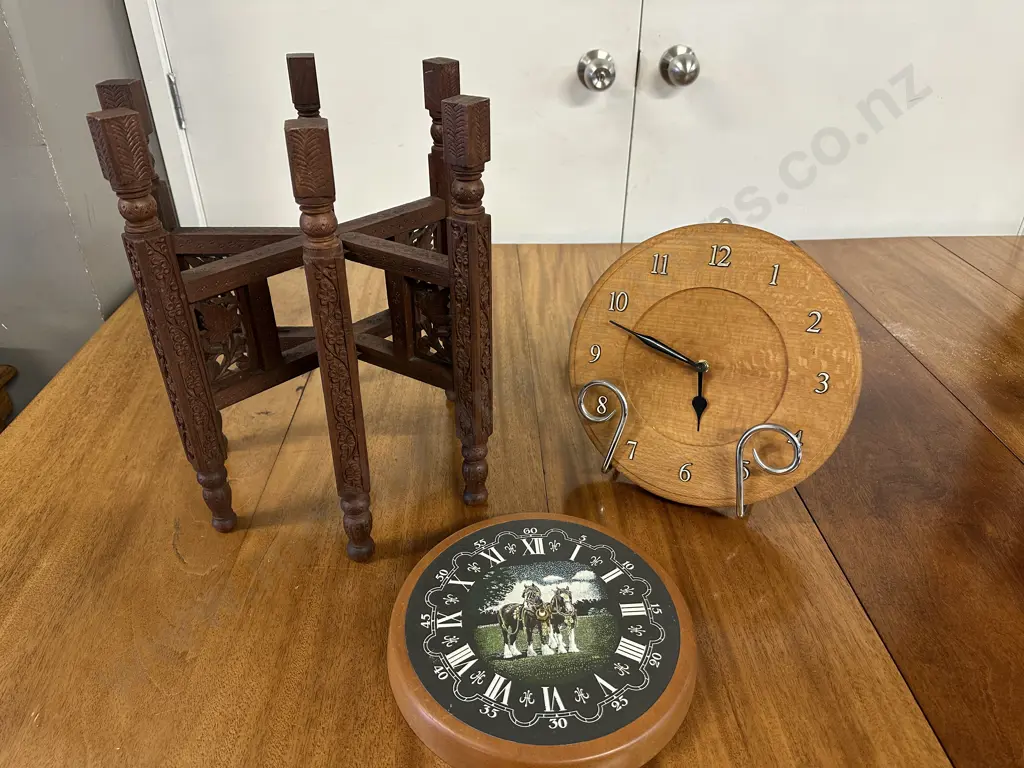 Vintage Wooden Clocks (as found) & Ornate Table Stand Image 1++