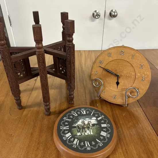 Vintage Wooden Clocks (as found) & Ornate Table Stand