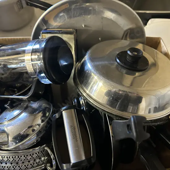 Box Lot Pots, Pans, Grater Etc